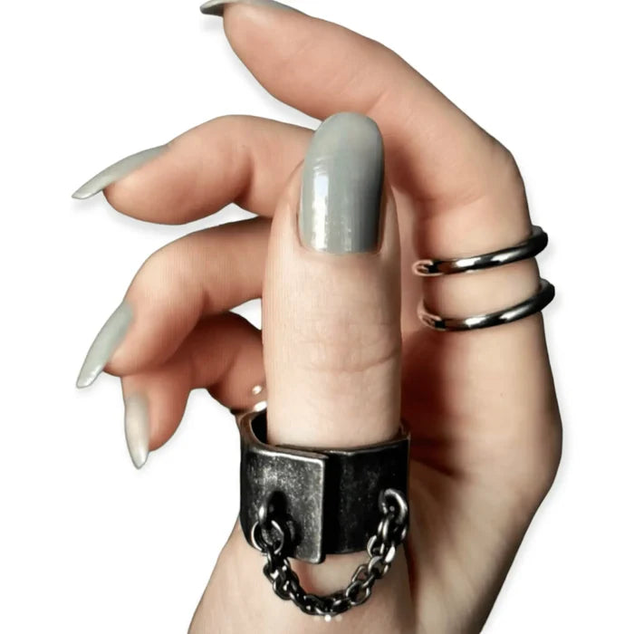 Relic Bonded Chain Wide Band Ring in antique silver stainless steel with hammered texture and chain detail thumb ring