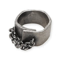 Relic Bonded Chain Wide Band Ring in antique silver stainless steel with hammered texture and chain detail flat lay