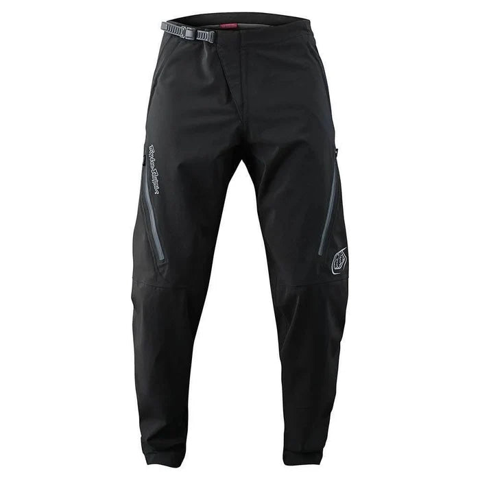 Black pants with brand logos on a white background