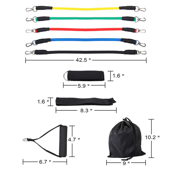 Set of colorful resistance bands with metal clips and handles, 42.5 inches long, for full-body fitness exercises at home.