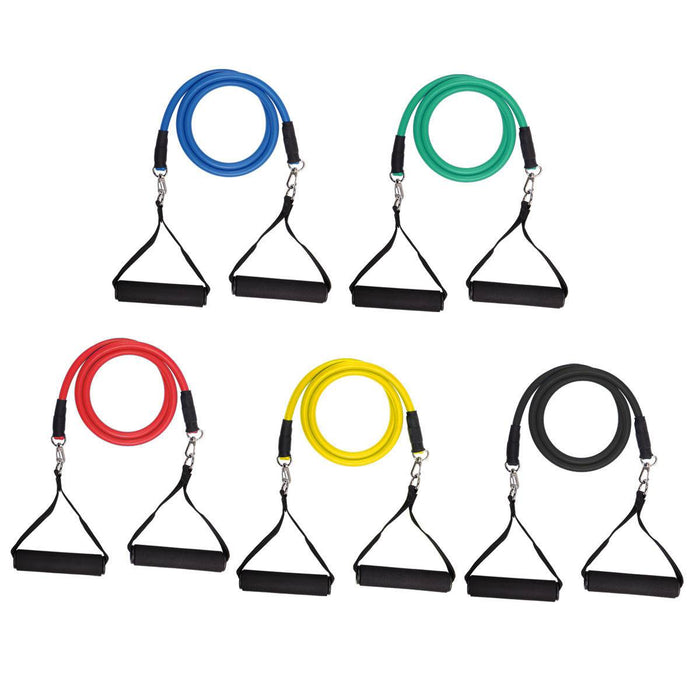 Blue resistance band with foam handle and ankle strap, 6.7 inches long, for versatile strength training and rehab exercises.