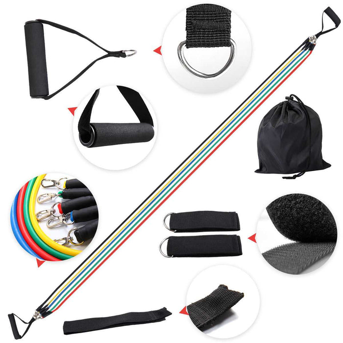 Resistance band with foam handle, ankle strap, and carrying bag, ideal for strength training, yoga, and rehabilitation exercises.