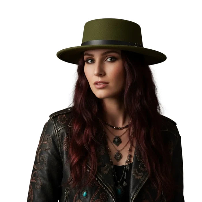 Retro jazz flat top fedora hat with short stiff brim, structured crown olive green/ s/m