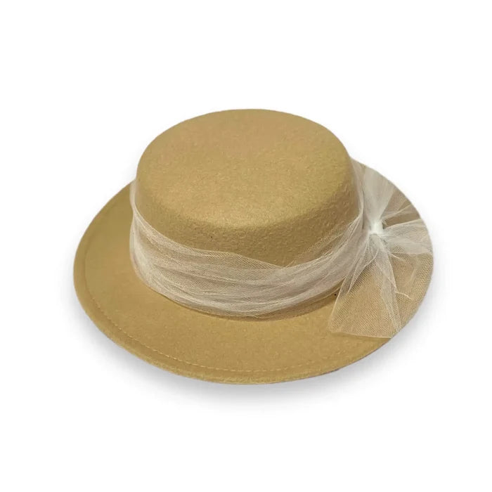 Retro jazz flat top fedora hat with short stiff brim, structured crown camel tan white tulle/ s/m