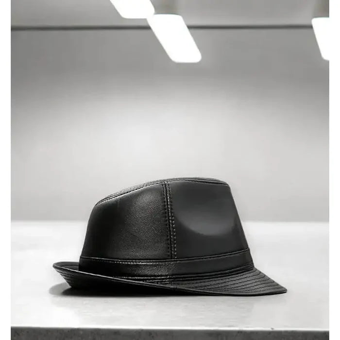 Retro Leather Trilby Fedora Hat Lifestyle—black trilby styled counter display side view
