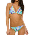 Blue floral retro bikini set with hearts and beaded straps – Y2K style swimwear with high cut waist and adjustable fit