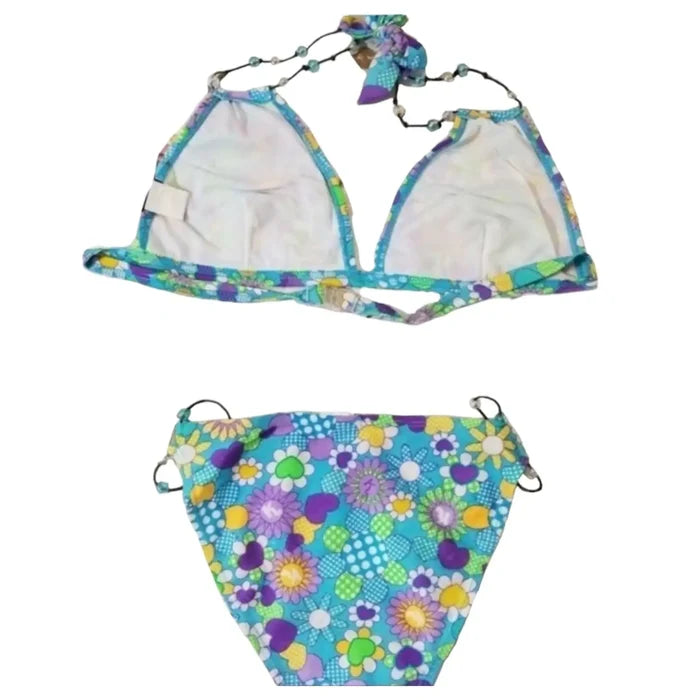 Blue floral retro bikini set with hearts and beaded straps – Y2K style swimwear with high cut waist and adjustable fit