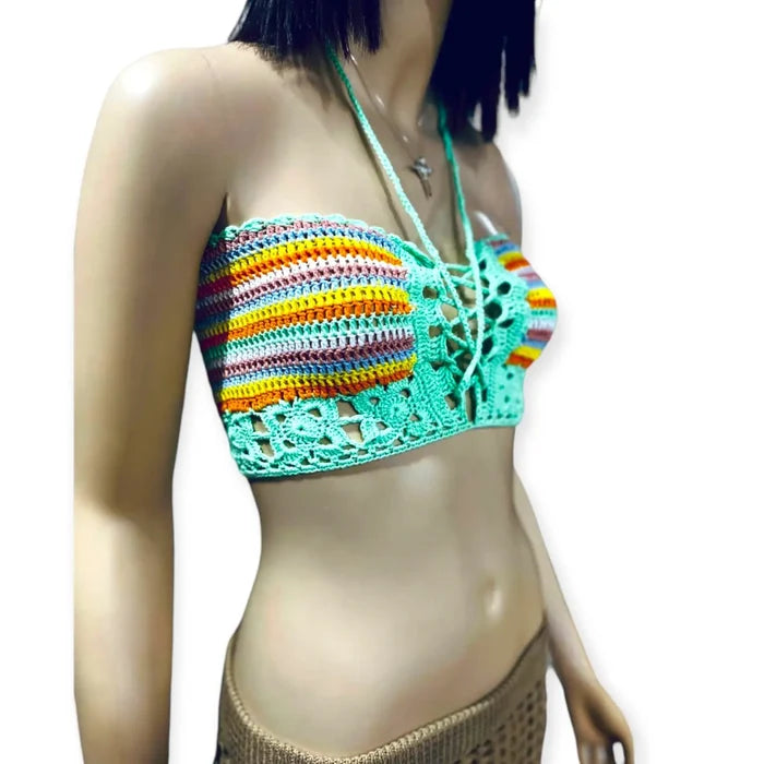 Women's Retro Rainbow Crochet Adjustable Lace up Tassel Tie Bikini Crop Top -Small - Wild Time Fashion