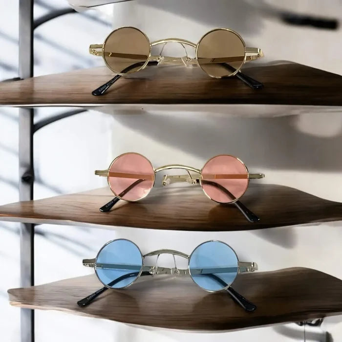 Retro Round Small Lenses Metal Sunglasses in brown, pink, or blue metal gold or silver frames
