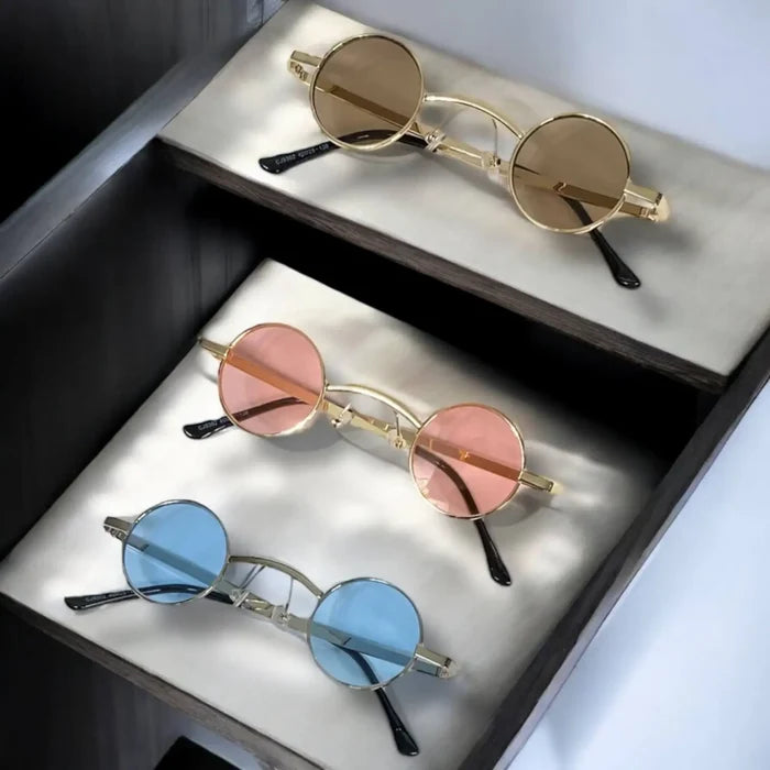 Retro Round Small Lenses Metal Sunglasses in brown, pink, or blue metal gold or silver frames