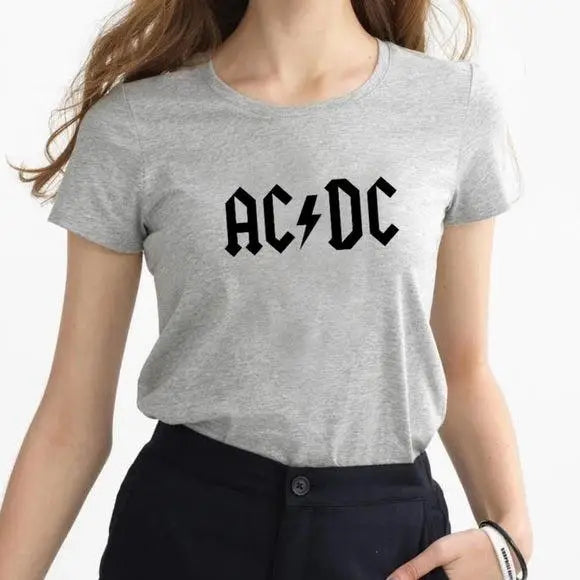 AC/DC retro rock graphic tee in heather gray – short sleeve band shirt with black logo, junior fit style for TikTok-inspired streetwear fashion