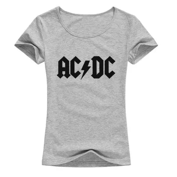 AC/DC retro rock graphic tee in heather gray – short sleeve band shirt with black logo, junior fit style for TikTok-inspired streetwear fashion