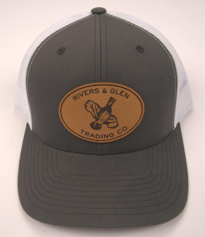 R&G Quail Trucker Hat Charcoal/White Leather Quail Patch 112 Rivers and Glen Trading Co. Hats Charcoal/White/LeatherQuailPatch/112YP Headwear Rivers and Glen Trading Co