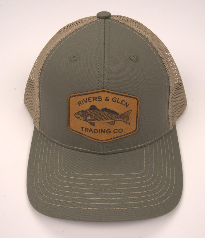 R&G Redfish Trucker Hat Olive/Khaki Redfish Leather Patch 112 Rivers and Glen Trading Co. Hats Olive/Khaki/RedfishLeather/112OC Headwear Rivers and Glen Trading Co