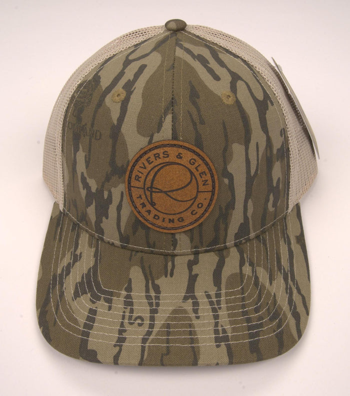 R&G Trucker Hat Mossy Oaks Original Bottomland/Tan Leather Patch 112 Rivers and Glen Trading Co. Hats MOBL/Tan/LeatherPatch/112OC Headwear Rivers and Glen Trading Co