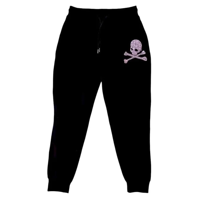 black joggers side pockets rhinestones skull crossbones women's lg/xl