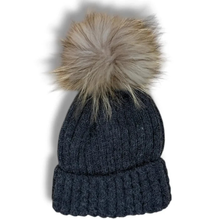 rib knit cuffed winter beanie with detachable real raccoon fur pom pom in burgundy red or dark gray soft stretch unisex cold weather hat