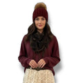 rib knit cuffed winter beanie with detachable real raccoon fur pom pom in burgundy red or dark gray soft stretch unisex cold weather hat