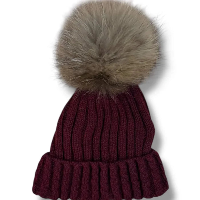 Rib Knit Winter Beanie Fur Pom Pom - Beanie Hats Skull Caps
