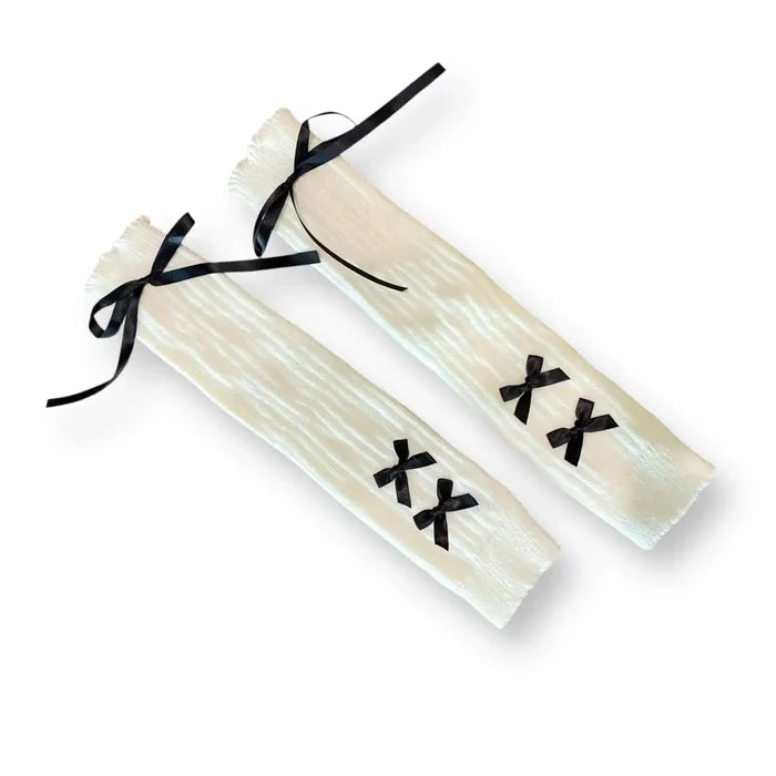 Ribbons Arm Sleeve Knit Gloves white with black silky lace ribbons arm cover