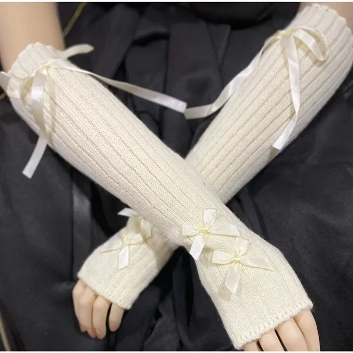Ribbons Arm Sleeve Knit Gloves white on white arm cover