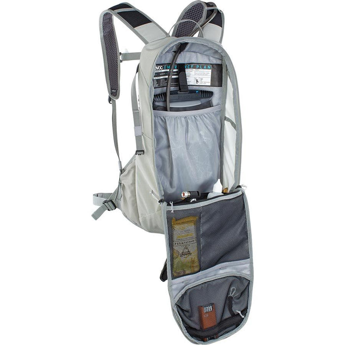 Gray hydration backpack with multiple compartments on a white background