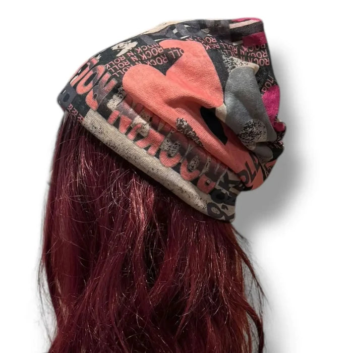 Rock and roll graphic jersey beanie multi functional multicolor print peach pink ivory stretchy unisex skull cap headband neck gaiter balaclava