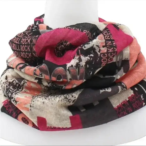 Rock and roll graphic jersey beanie multi functional multicolor print peach pink ivory stretchy unisex skull cap headband neck gaiter balaclava