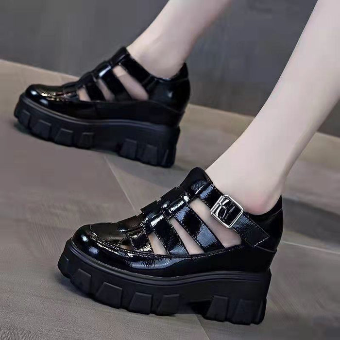 Roman Heightened Hollow Women's Sandals Thick Bottom Net Red Fashion Explosion Models 2022 Summer New Patent Leather Toe Shoes