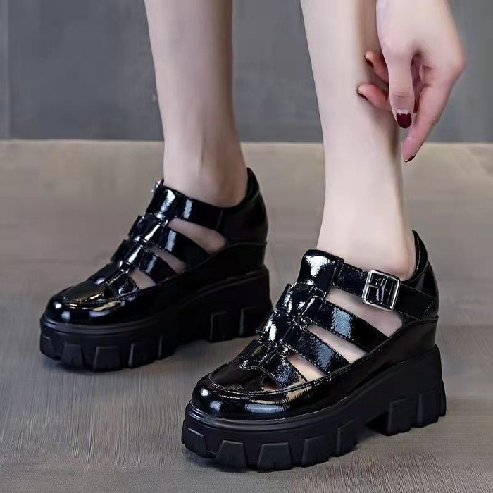 Roman Heightened Hollow Women's Sandals Thick Bottom Net Red Fashion Explosion Models 2022 Summer New Patent Leather Toe Shoes