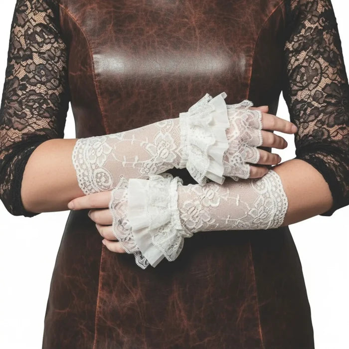 Romantic lace ruffle arm covers in white with floral forearm lace and fingerless hand detail / one size