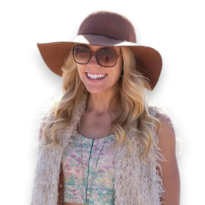 round crown wide brim floppy hat with bow band in tan black brown or burgundy cotton polyester blend boho, indie, hippie retro year round headwear