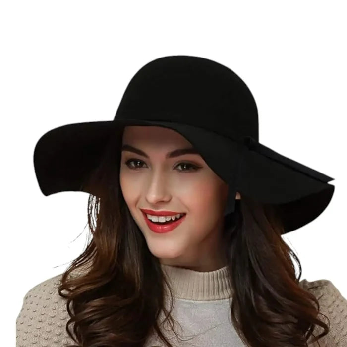 round crown wide brim floppy hat with bow band in tan black brown or burgundy red cotton polyester blend boho, indie, hippie retro year round headwear
