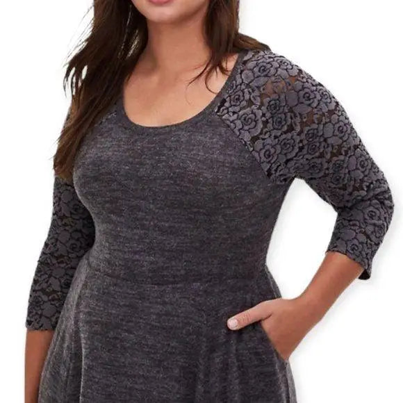 Plush Floral Lace Sleeve Front Pockets Comfy Gray Dress Plus Size 2X - Wild Time Fashion
