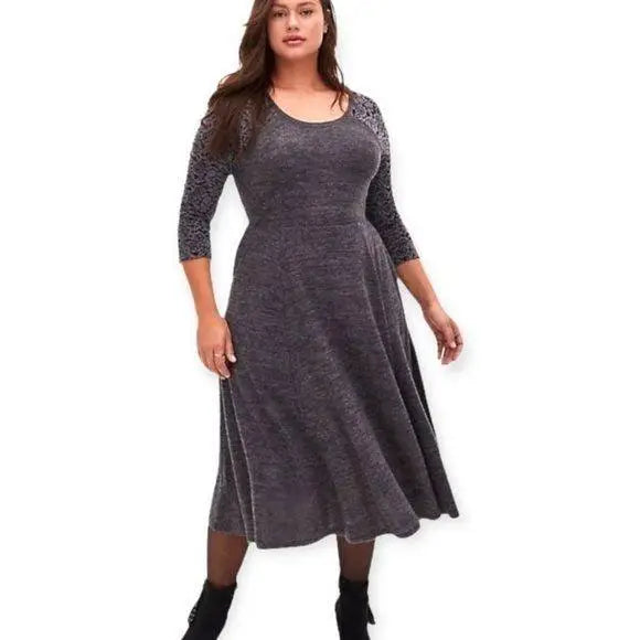 Plush Floral Lace Sleeve Front Pockets Comfy Gray Dress Plus Size 2X - Wild Time Fashion