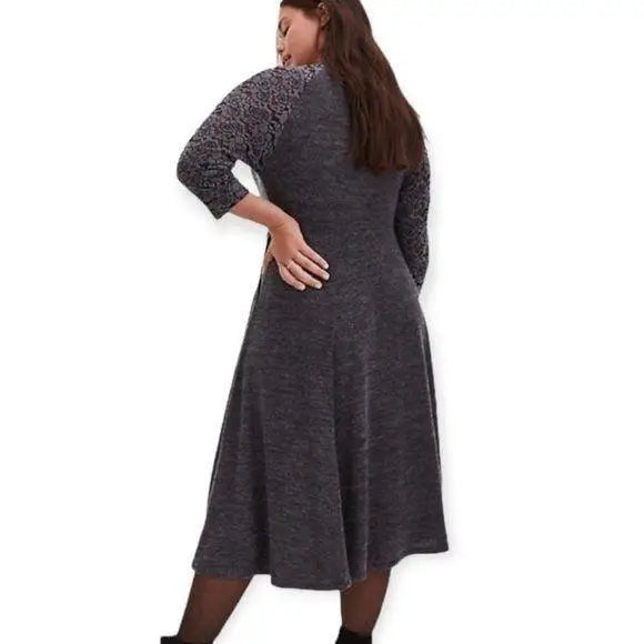 Plush Floral Lace Sleeve Front Pockets Comfy Gray Dress Plus Size 2X - Wild Time Fashion