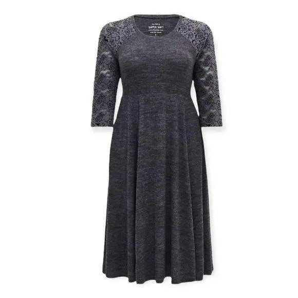 Plush Floral Lace Sleeve Front Pockets Comfy Gray Dress Plus Size 2X - Wild Time Fashion