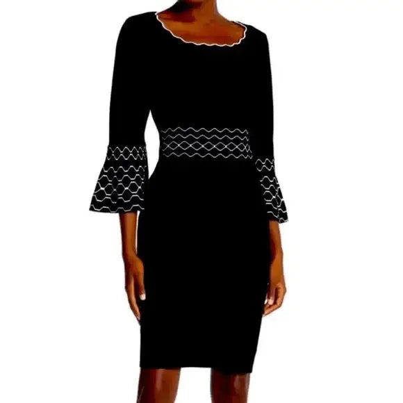Round Scallop Neck Metallic Gold Detailed Bell Sleeve Above Knee Formal Dress