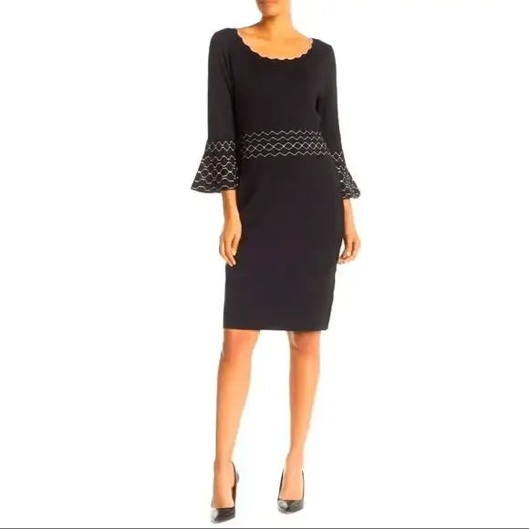 Round Scallop Neck Metallic Gold Detailed Bell Sleeve Above Knee Formal Dress