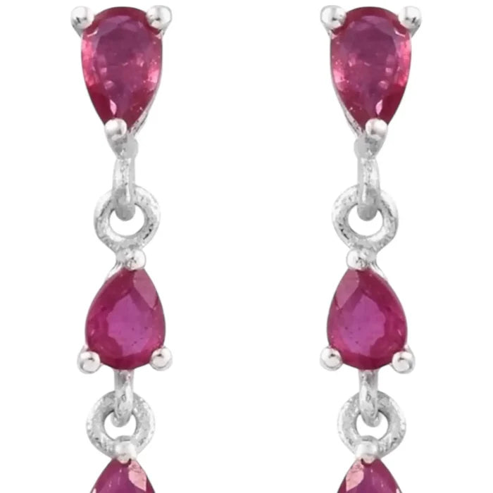 Ruby silver three-gemstone dangle post earrings – pear-shaped rubies in platinum-plated sterling silver
