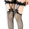 front view black fishnet thigh highs with bows and garters