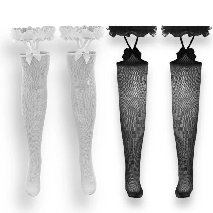 White or Black Over the Knee Suspender Ruffle Garter Rhinestone Bow Fishnets