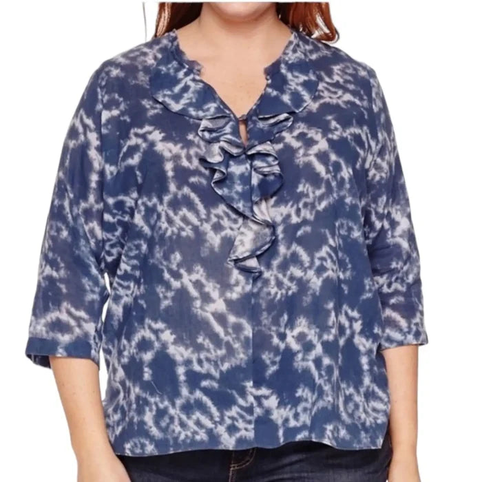 Blue and white tie dye plus size cotton blouse with ruffle v neckline and button closure in boho beachy style