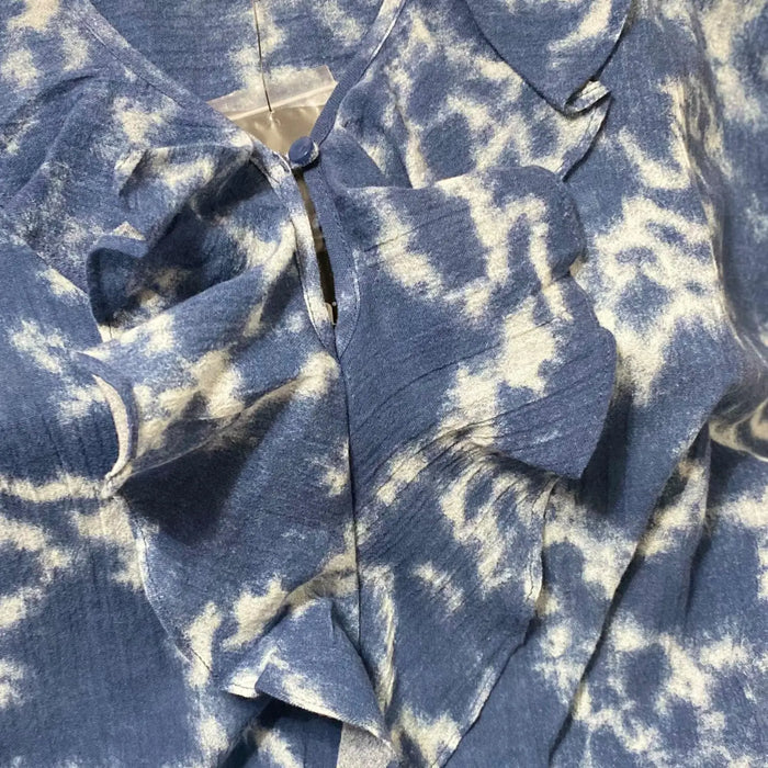 Blue and white tie dye plus size cotton blouse with ruffle v neckline and button closure in boho beachy style