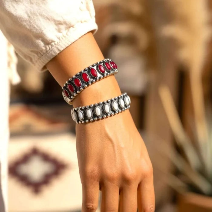 Rustic Silver Western Stone Cuff bracelet with antique etched metal and nine marquise faux stone inlays blue, green, white, or red