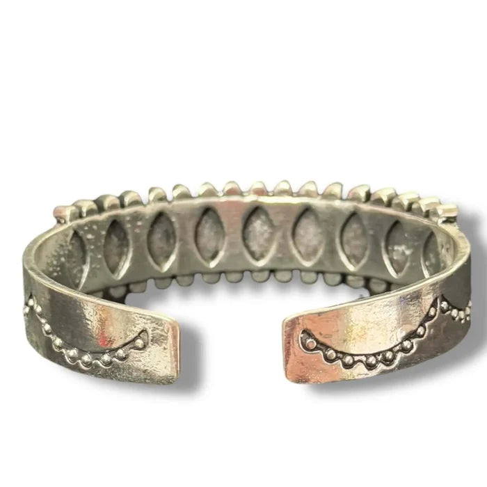 Rustic Silver Western Stone Cuff bracelet with antique etched metal and nine marquise faux stone inlays blue, green, white, or red