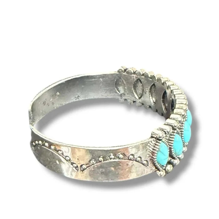 Rustic Silver Western Stone Cuff bracelet with antique etched metal and nine marquise faux stone inlays blue, green, white, or red