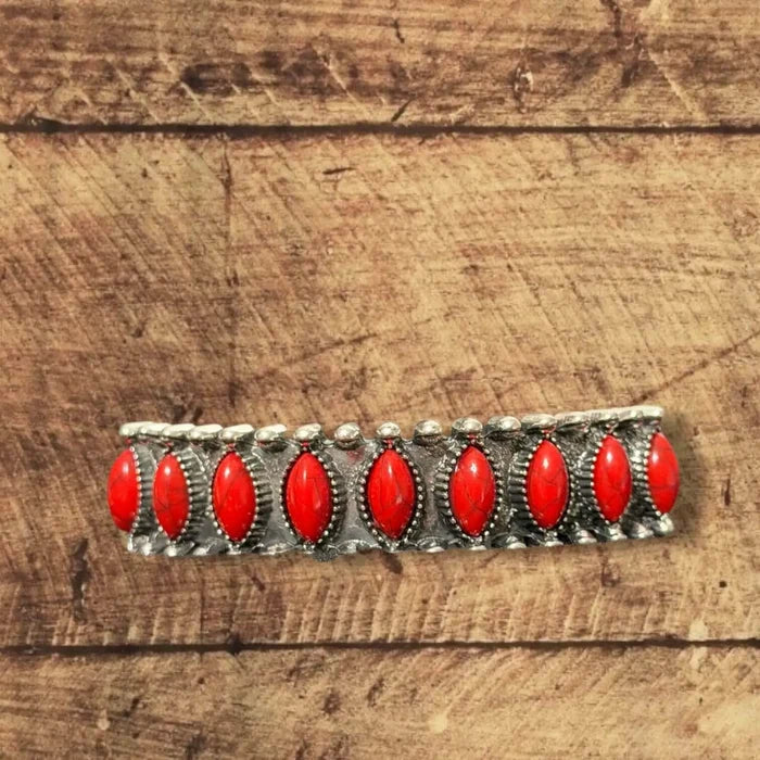 Rustic Silver Western Stone Cuff bracelet with antique etched metal and nine marquise faux stone inlays blue, green, white, or red