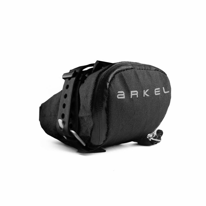 Black bike saddle bag with 'ARKEL' branding on a white background