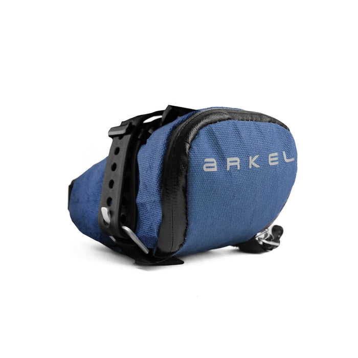Blue bike saddle bag with black straps on a white background